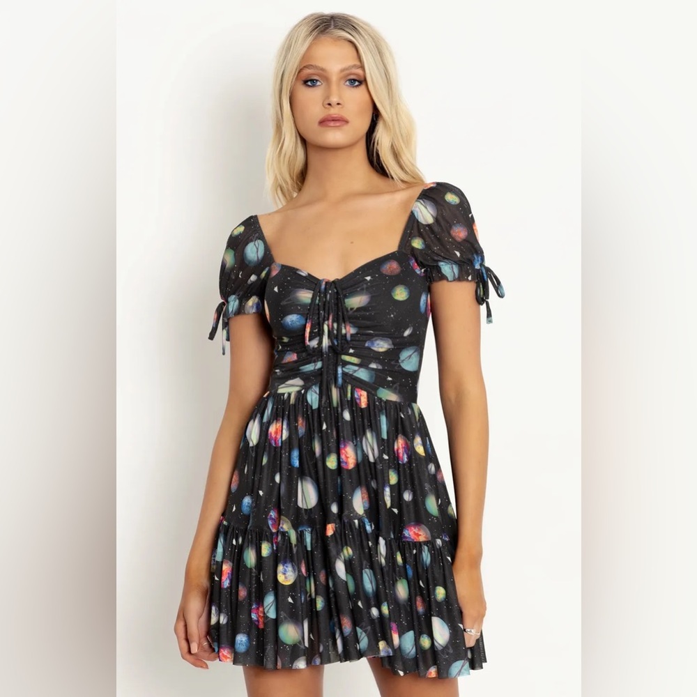 Blackmilk Black Mini Dress with Multicolor Planet Print